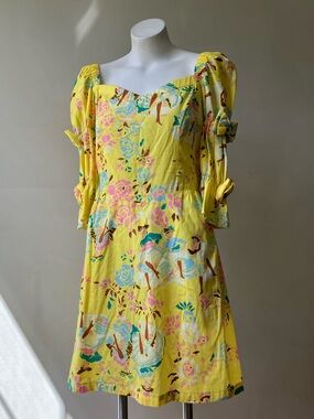 Hanae Mori | Vintage Hawaiian Attire Floral Bow Sleeve Sweetheart Mini Dress